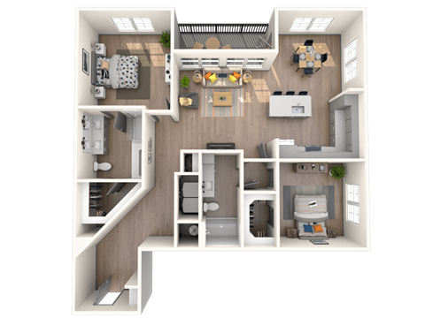 Floor plan for 2 beds, 2 baths, 1302 sqft